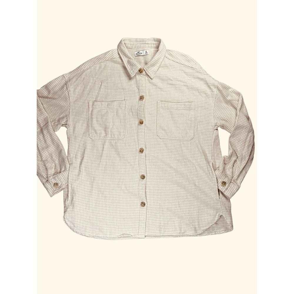 Hollister Women’s Oversized‎ Shirt Jacket Brown Cream Check XL Shacket Flannel - Picture 2 of 10